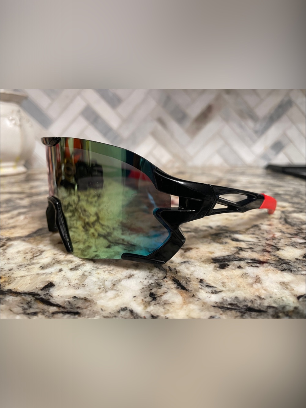 Sport Shield Sunglasses - Black Frame with Mirrored Green-Blue Lens